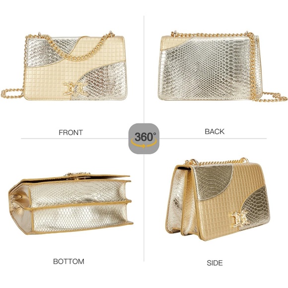 Gold Faux Leather Crossbody Bad W/Shoulder Chain Strap - Picture 6 of 7